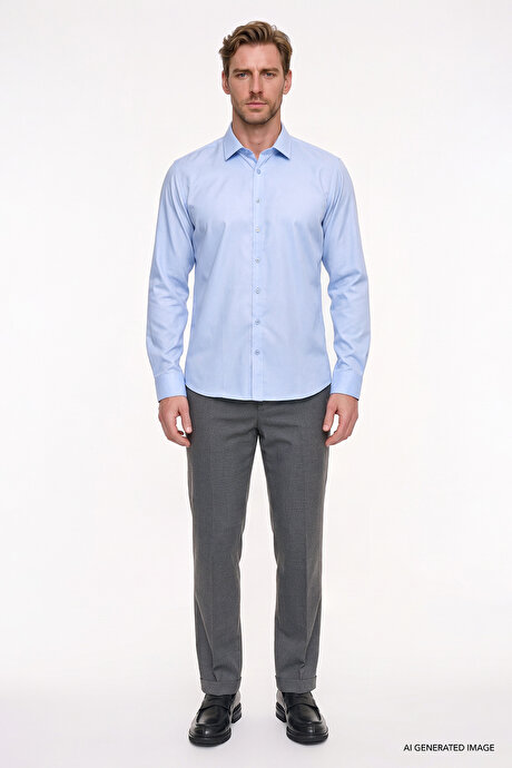 Non-Iron Ütü Gerektirmeyen %100 Pamuk Slim Fit Dar Kesim Klasik Yaka Mavi Gömlek resmi