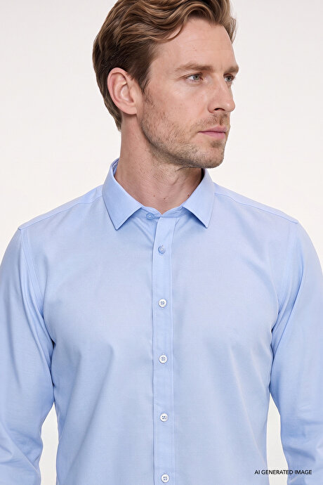 Non-Iron Ütü Gerektirmeyen %100 Pamuk Slim Fit Dar Kesim Klasik Yaka Mavi Gömlek resmi