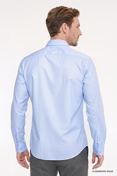 Non-Iron Ütü Gerektirmeyen %100 Pamuk Slim Fit Dar Kesim Klasik Yaka Mavi Gömlek resmi