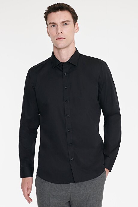 Non-Iron Ütü Gerektirmeyen %100 Pamuk Slim Fit Dar Kesim Klasik Yaka Siyah Gömlek resmi