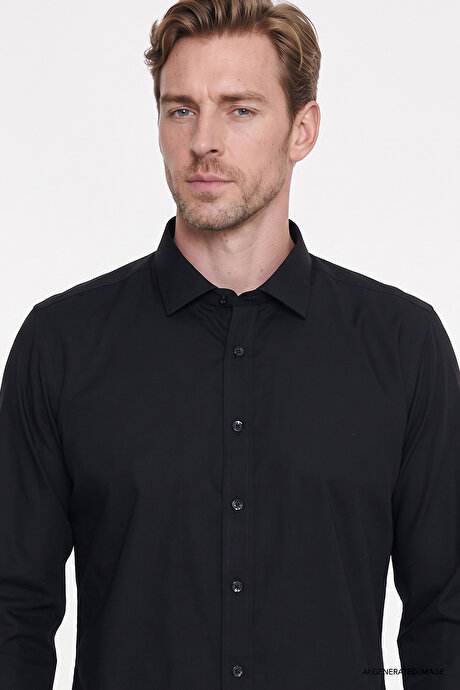 Non-Iron Ütü Gerektirmeyen %100 Pamuk Slim Fit Dar Kesim Klasik Yaka Siyah Gömlek resmi
