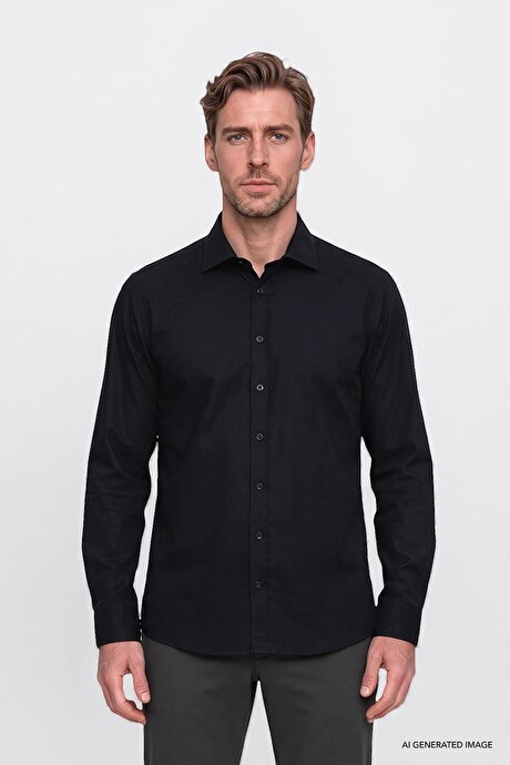 Non-Iron Ütü Gerektirmeyen %100 Pamuk Slim Fit Dar Kesim Klasik Yaka Siyah Gömlek resmi
