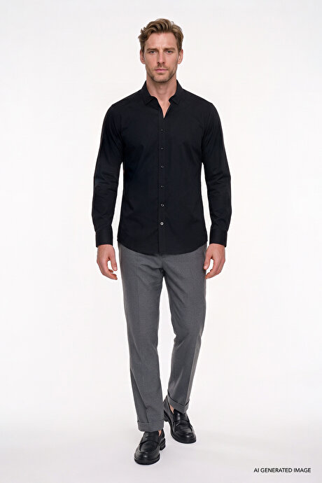 Non-Iron Ütü Gerektirmeyen %100 Pamuk Slim Fit Dar Kesim Klasik Yaka Siyah Gömlek resmi