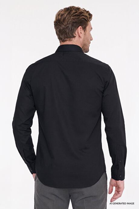 Non-Iron Ütü Gerektirmeyen %100 Pamuk Slim Fit Dar Kesim Klasik Yaka Siyah Gömlek resmi