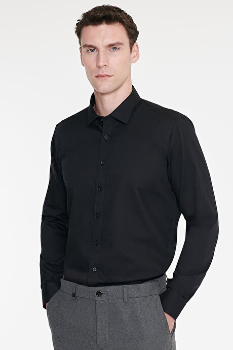 Non-Iron Ütü Gerektirmeyen %100 Pamuk Slim Fit Dar Kesim Klasik Yaka Siyah Gömlek resmi