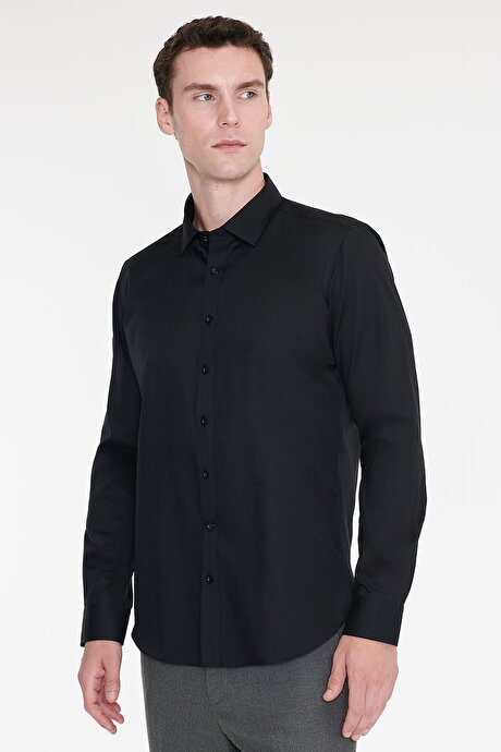 Non-Iron Ütü Gerektirmeyen %100 Pamuk Slim Fit Dar Kesim Klasik Yaka Siyah Gömlek resmi