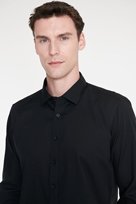 Non-Iron Ütü Gerektirmeyen %100 Pamuk Slim Fit Dar Kesim Klasik Yaka Siyah Gömlek resmi