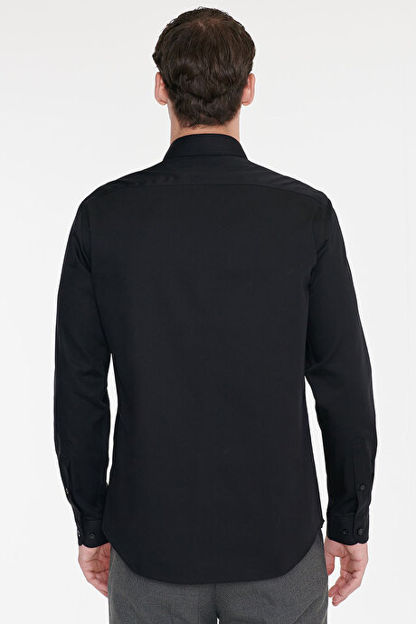 Non-Iron Ütü Gerektirmeyen %100 Pamuk Slim Fit Dar Kesim Klasik Yaka Siyah Gömlek resmi