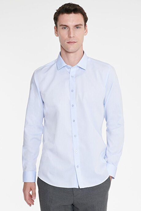 Non-Iron Ütü Gerektirmeyen %100 Pamuk Slim Fit Dar Kesim Klasik Yaka Açık Mavi Gömlek resmi
