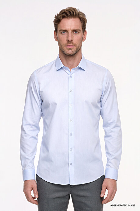 Non-Iron Ütü Gerektirmeyen %100 Pamuk Slim Fit Dar Kesim Klasik Yaka Açık Mavi Gömlek resmi