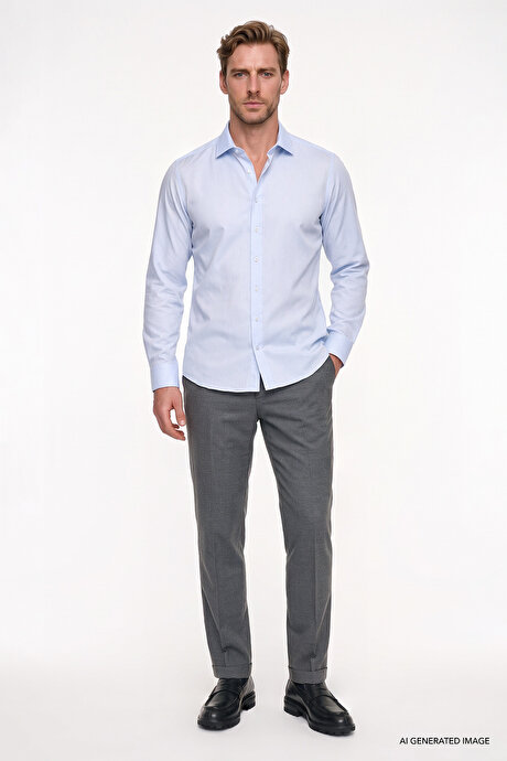 Non-Iron Ütü Gerektirmeyen %100 Pamuk Slim Fit Dar Kesim Klasik Yaka Açık Mavi Gömlek resmi