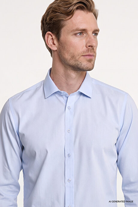 Non-Iron Ütü Gerektirmeyen %100 Pamuk Slim Fit Dar Kesim Klasik Yaka Açık Mavi Gömlek resmi