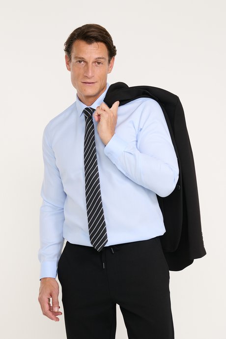 Non-Iron %100 Pamuk Slim Fit Dar Kesim Klasik Yaka Armürlü Açık Mavi Gömlek resmi