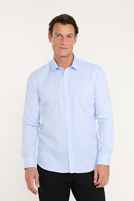 Non-Iron %100 Pamuk Slim Fit Dar Kesim Klasik Yaka Armürlü Açık Mavi Gömlek resmi