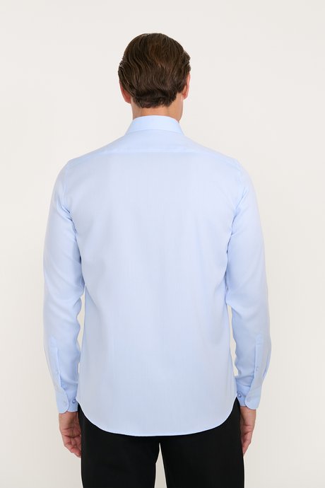 Non-Iron %100 Pamuk Slim Fit Dar Kesim Klasik Yaka Armürlü Açık Mavi Gömlek resmi