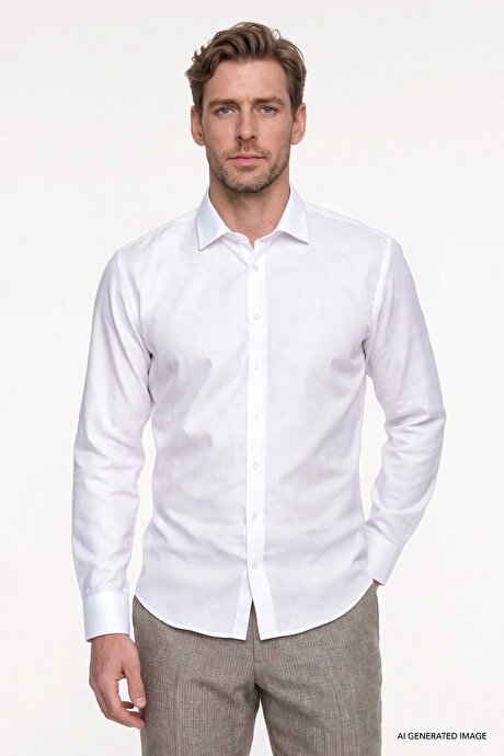 Non-Iron Ütü Gerektirmeyen %100 Pamuk Slim Fit Dar Kesim Klasik Yaka Beyaz Gömlek resmi