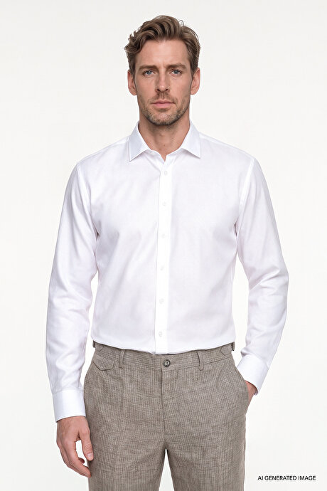 Non-Iron Ütü Gerektirmeyen %100 Pamuk Slim Fit Dar Kesim Klasik Yaka Beyaz Gömlek resmi