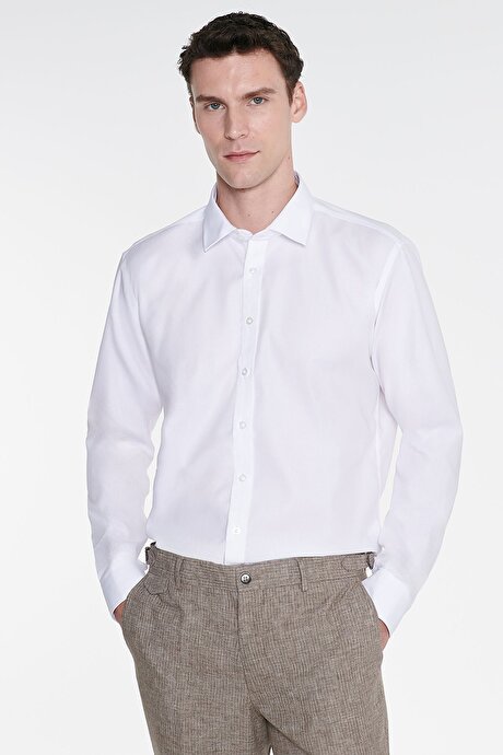 Non-Iron Ütü Gerektirmeyen %100 Pamuk Slim Fit Dar Kesim Klasik Yaka Beyaz Gömlek resmi
