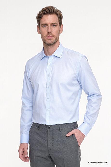 Non-Iron Ütü Gerektirmeyen %100 Pamuk Slim Fit Dar Kesim Klasik Yaka Açık Mavi Gömlek resmi