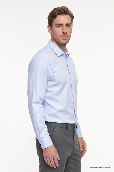 Non-Iron Ütü Gerektirmeyen %100 Pamuk Slim Fit Dar Kesim Klasik Yaka Açık Mavi Gömlek resmi