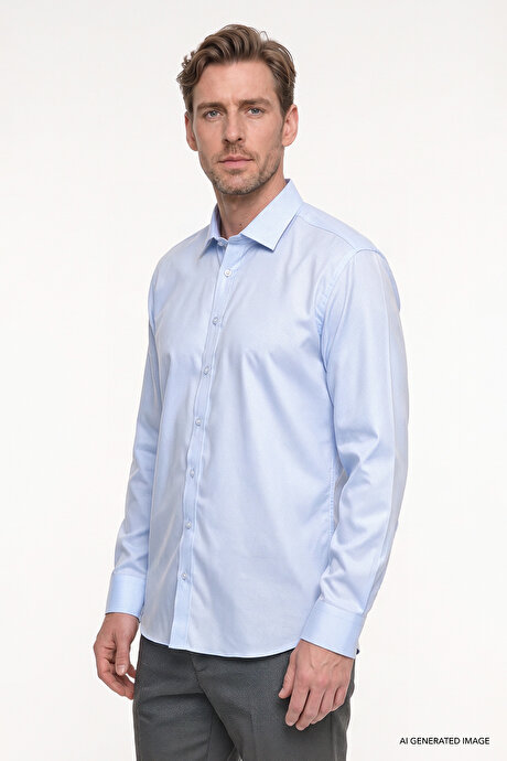 Non-Iron Ütü Gerektirmeyen %100 Pamuk Slim Fit Dar Kesim Klasik Yaka Açık Mavi Gömlek resmi