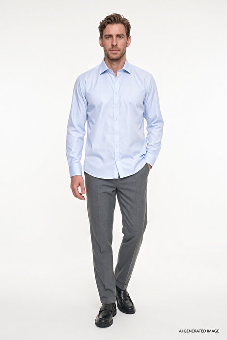 Non-Iron Ütü Gerektirmeyen %100 Pamuk Slim Fit Dar Kesim Klasik Yaka Açık Mavi Gömlek resmi