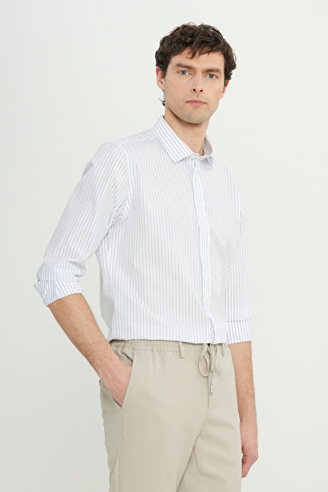 Non-Iron Ütü Gerektirmeyen %100 Pamuk Slim Fit Dar Kesim Klasik Yaka Çizgili Lacivert-Beyaz Gömlek resmi