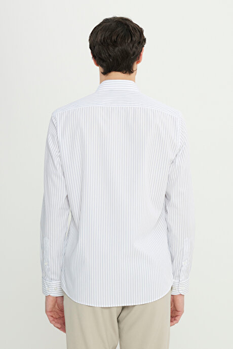 Non-Iron Ütü Gerektirmeyen %100 Pamuk Slim Fit Dar Kesim Klasik Yaka Çizgili Lacivert-Beyaz Gömlek resmi