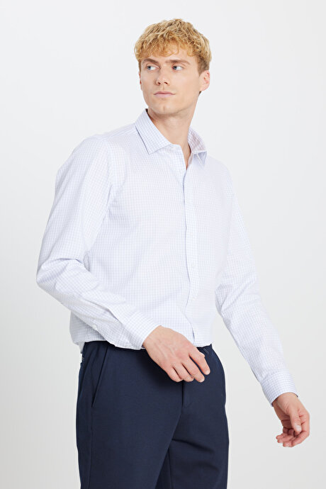 Non-Iron Ütü Gerektirmeyen %100 Pamuk Slim Fit Dar Kesim Klasik Yaka Kareli Gri-Beyaz Gömlek resmi
