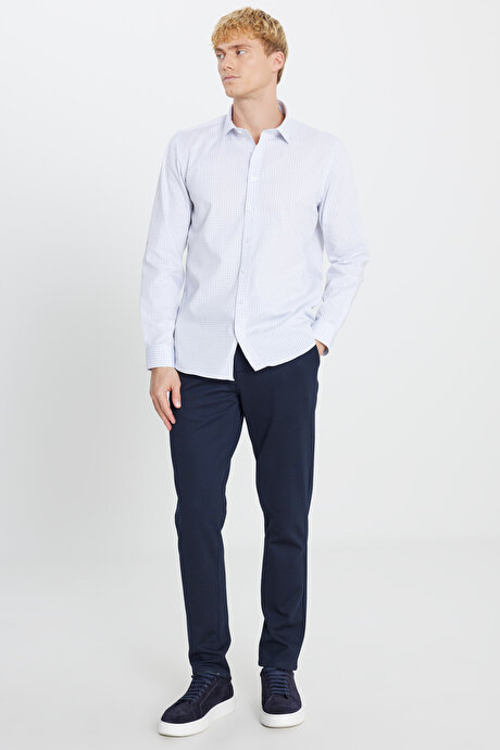 Non-Iron Ütü Gerektirmeyen %100 Pamuk Slim Fit Dar Kesim Klasik Yaka Kareli Gri-Beyaz Gömlek resmi