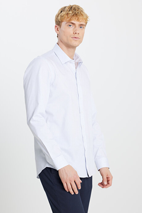 Non-Iron Ütü Gerektirmeyen %100 Pamuk Slim Fit Dar Kesim Klasik Yaka Kareli Gri-Beyaz Gömlek resmi