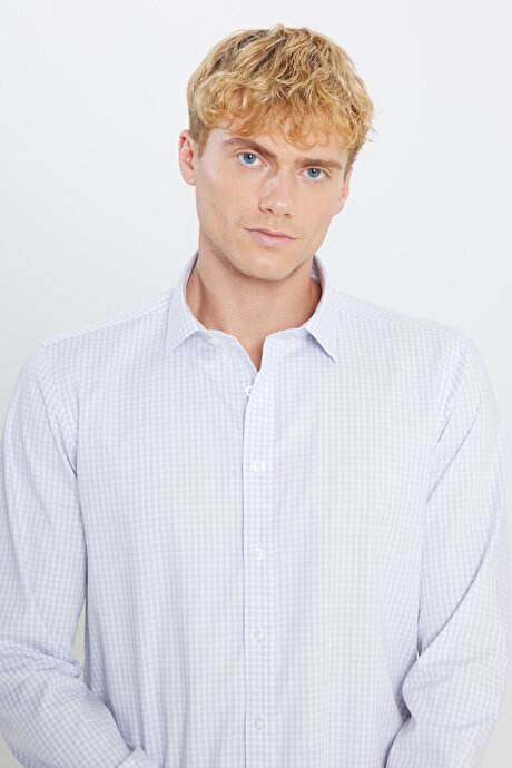 Non-Iron Ütü Gerektirmeyen %100 Pamuk Slim Fit Dar Kesim Klasik Yaka Kareli Gri-Beyaz Gömlek resmi