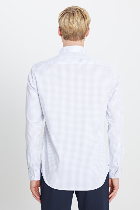 Non-Iron Ütü Gerektirmeyen %100 Pamuk Slim Fit Dar Kesim Klasik Yaka Kareli Gri-Beyaz Gömlek resmi