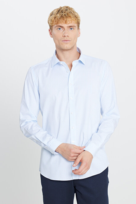Ütü Gerektirmeyen %100 Pamuk Slim Fit Klasik Yaka Mavi-Beyaz Gömlek resmi