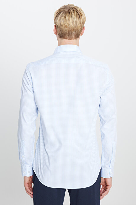Ütü Gerektirmeyen %100 Pamuk Slim Fit Klasik Yaka Mavi-Beyaz Gömlek resmi