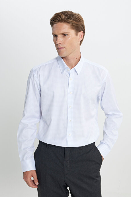 %100 Pamuk Comfort Fit Rahat Kesim Gizli Düğmeli Yaka Kareli Mavi-Beyaz Gömlek resmi