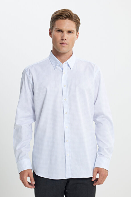 %100 Pamuk Comfort Fit Rahat Kesim Gizli Düğmeli Yaka Kareli Mavi-Beyaz Gömlek resmi