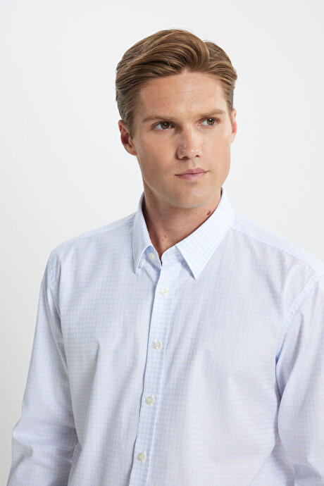 %100 Pamuk Comfort Fit Rahat Kesim Gizli Düğmeli Yaka Kareli Mavi-Beyaz Gömlek resmi