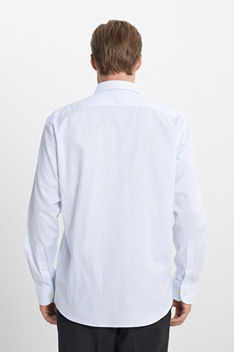 %100 Pamuk Comfort Fit Rahat Kesim Gizli Düğmeli Yaka Kareli Mavi-Beyaz Gömlek resmi