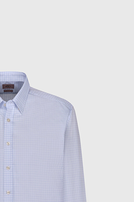 %100 Pamuk Comfort Fit Rahat Kesim Gizli Düğmeli Yaka Kareli Mavi-Beyaz Gömlek resmi