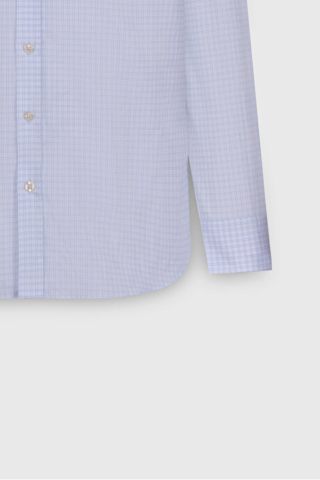 %100 Pamuk Comfort Fit Rahat Kesim Gizli Düğmeli Yaka Kareli Mavi-Beyaz Gömlek resmi