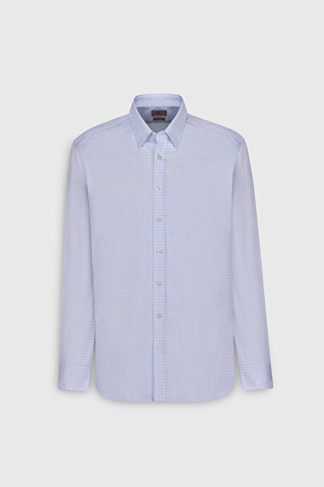 %100 Pamuk Comfort Fit Rahat Kesim Gizli Düğmeli Yaka Kareli Mavi-Beyaz Gömlek resmi