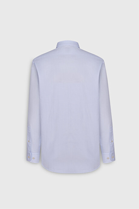 %100 Pamuk Comfort Fit Rahat Kesim Gizli Düğmeli Yaka Kareli Mavi-Beyaz Gömlek resmi