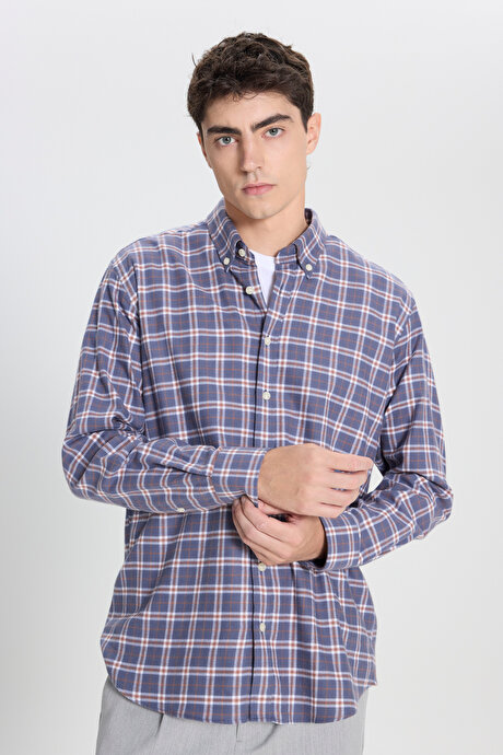 %100 Pamuk Comfort Fit Rahat Kesim Düğmeli Yaka Kareli Antrasit-Kahverengi Gömlek resmi