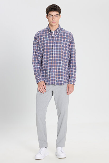 %100 Pamuk Comfort Fit Rahat Kesim Düğmeli Yaka Kareli Antrasit-Kahverengi Gömlek resmi