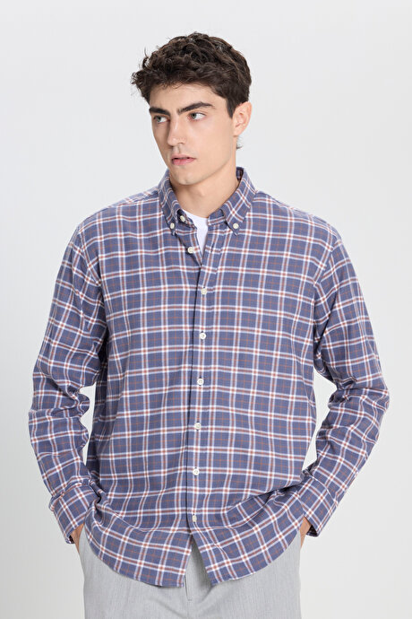 %100 Pamuk Comfort Fit Rahat Kesim Düğmeli Yaka Kareli Antrasit-Kahverengi Gömlek resmi