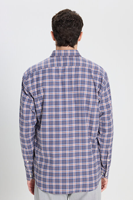 %100 Pamuk Comfort Fit Rahat Kesim Düğmeli Yaka Kareli Antrasit-Kahverengi Gömlek resmi