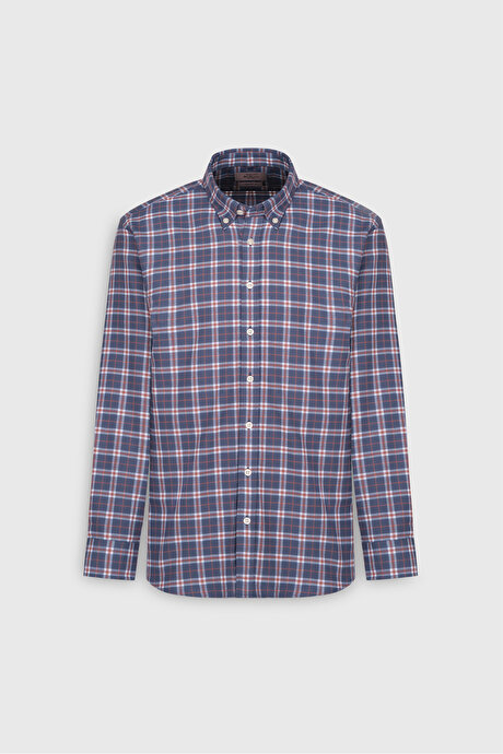 %100 Pamuk Comfort Fit Rahat Kesim Düğmeli Yaka Kareli Antrasit-Kahverengi Gömlek resmi