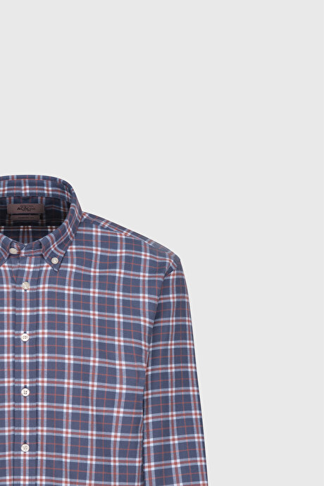 %100 Pamuk Comfort Fit Rahat Kesim Düğmeli Yaka Kareli Antrasit-Kahverengi Gömlek resmi