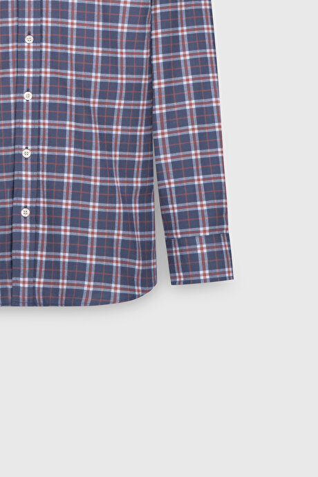 %100 Pamuk Comfort Fit Rahat Kesim Düğmeli Yaka Kareli Antrasit-Kahverengi Gömlek resmi